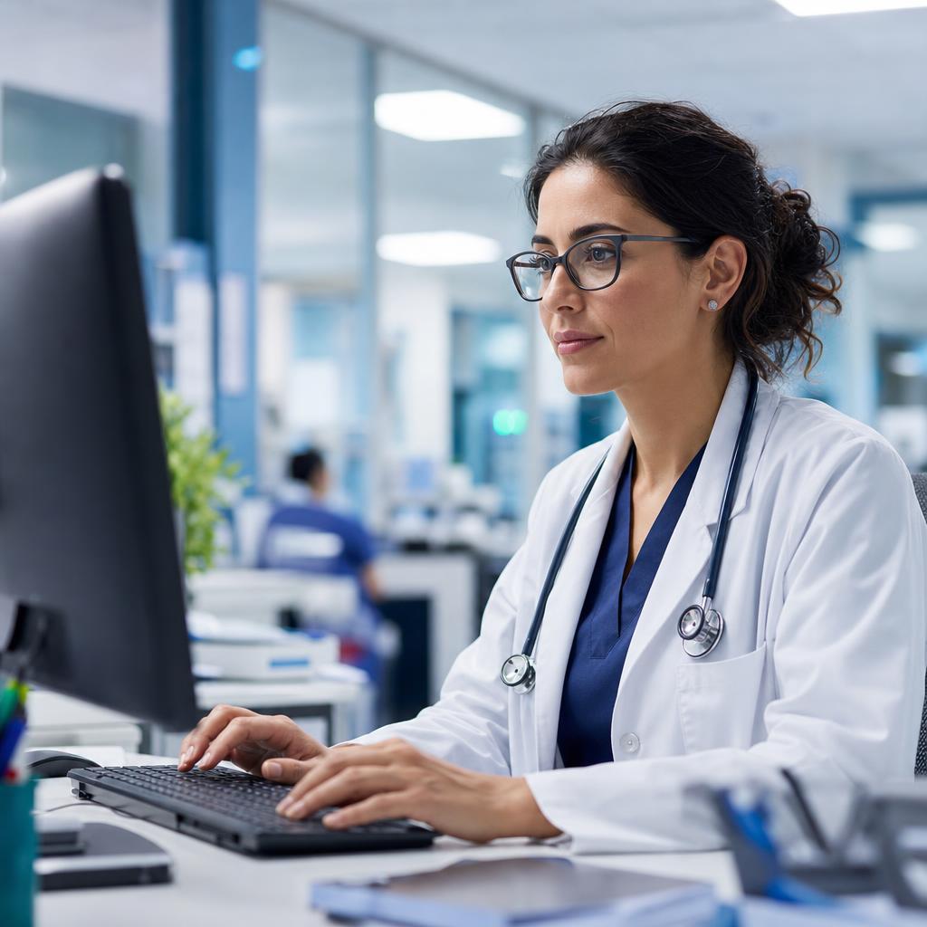 Clinician working at a computer in a modern hospital environment