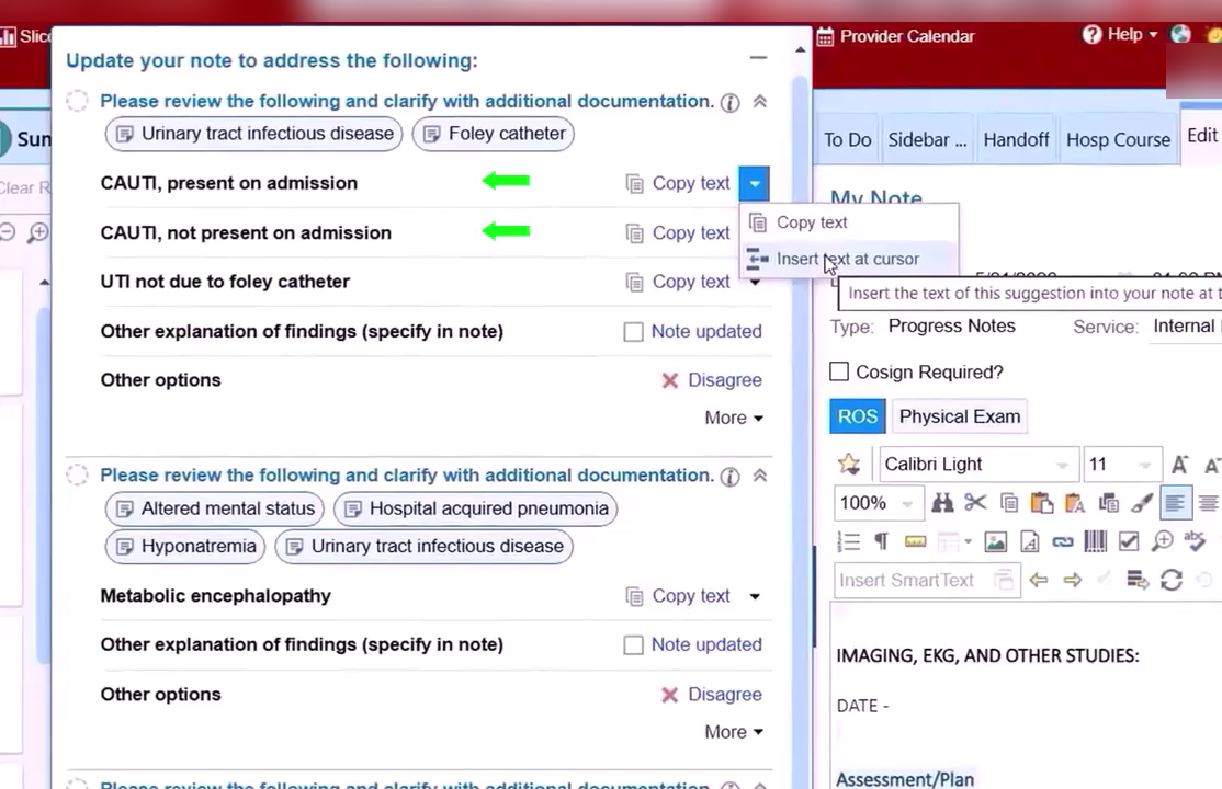 Epic Assessment and Plan workflow showing CAPD documentation suggestions ready to copy into the note