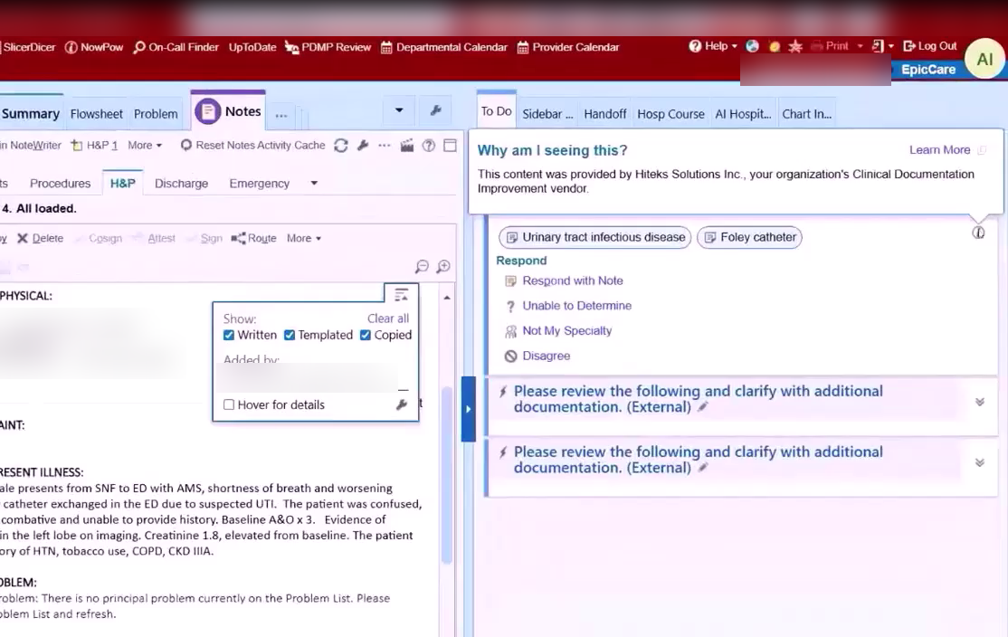 Epic clinical documentation workflow with HITEKS guidance available inside the note